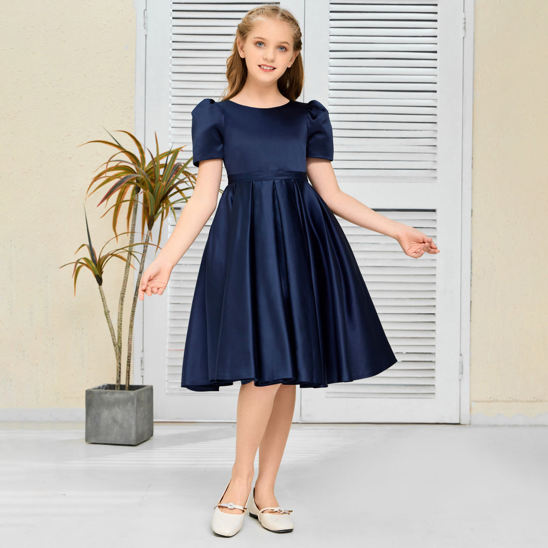 A-Line Short Sleeve Boat Neck Knee-Length Navy blue Satin Flower Girl Dresses/Girls Birthday Dresses With Belt Girls Gidiondress