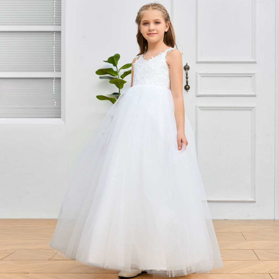 Ball Gown V-Neck Spaghetti Straps Floor-Length Ivory Lace/Tulle/Satin Flower Girl Dresses/First Communion Dress With Appliques/Bow Girls Gidiondress