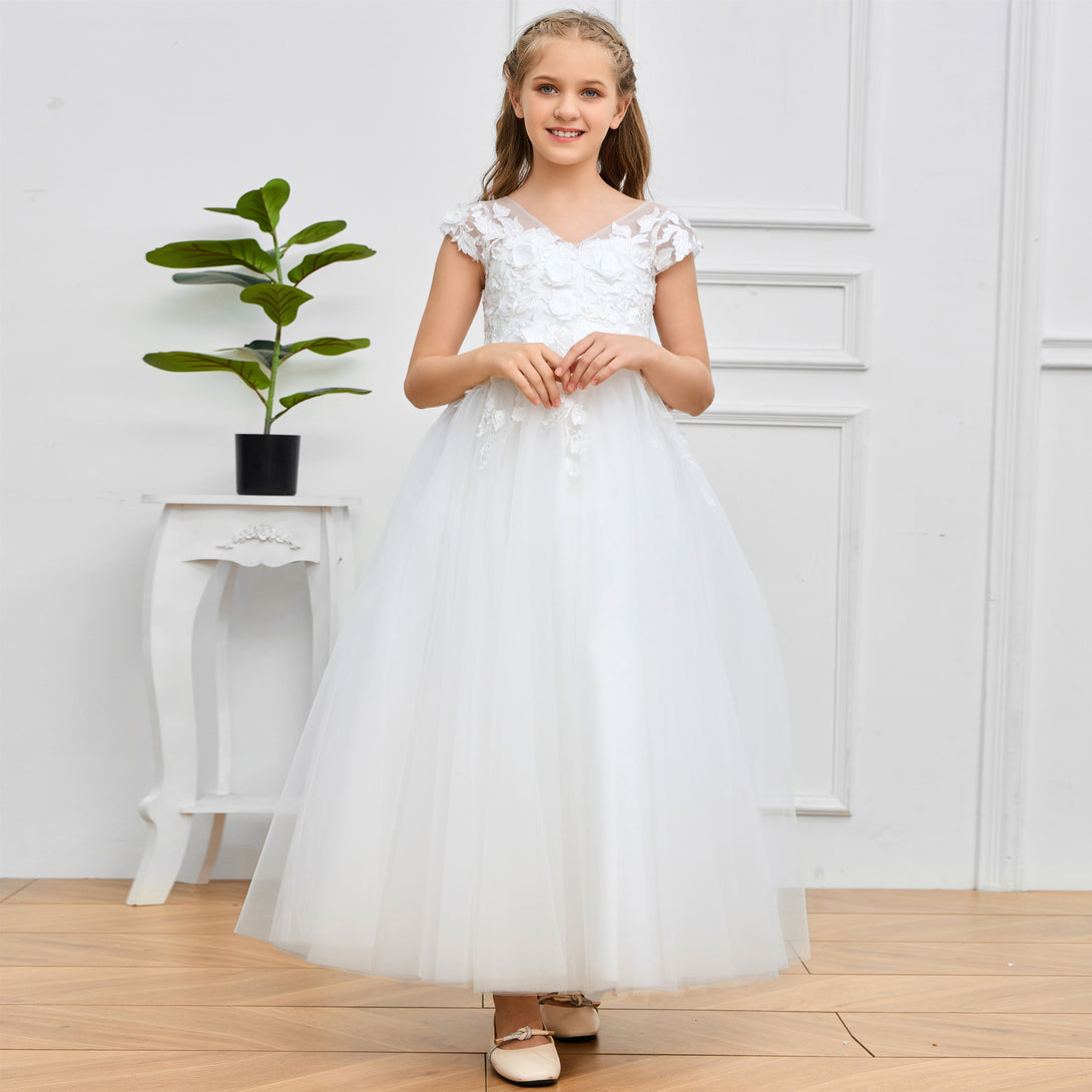 Ball Gown V-Neck Sleeveless Floor-Length Ivory Lace/Tulle Flower Girl Dresses/First Communion Dress With Appliques Girls Gidiondress