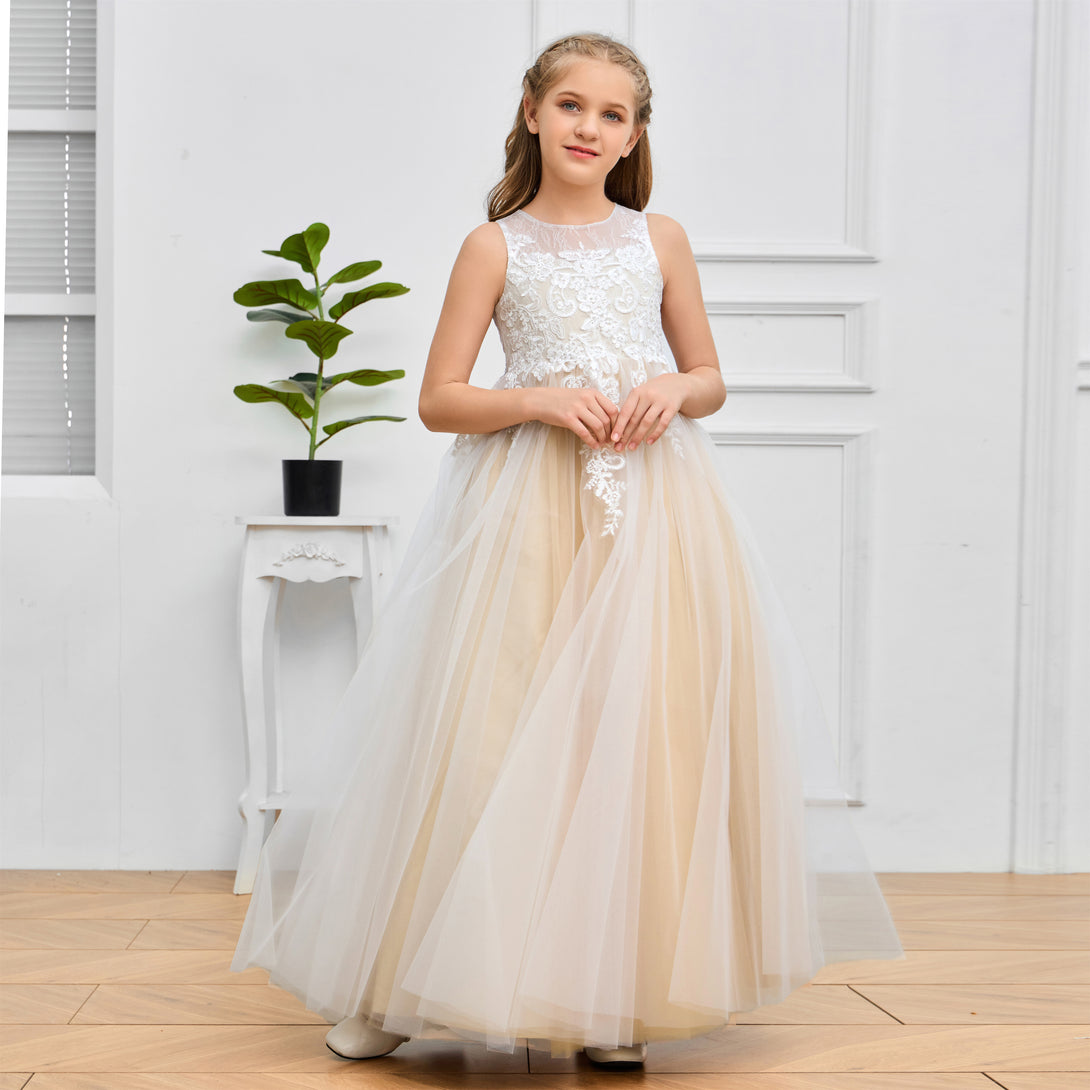 Ball Gown Boat Neck Sleeveless Floor-Length Tulle/Lace Flower Girl Dresses/First Communion Dress With Appliques Girls Gidiondress