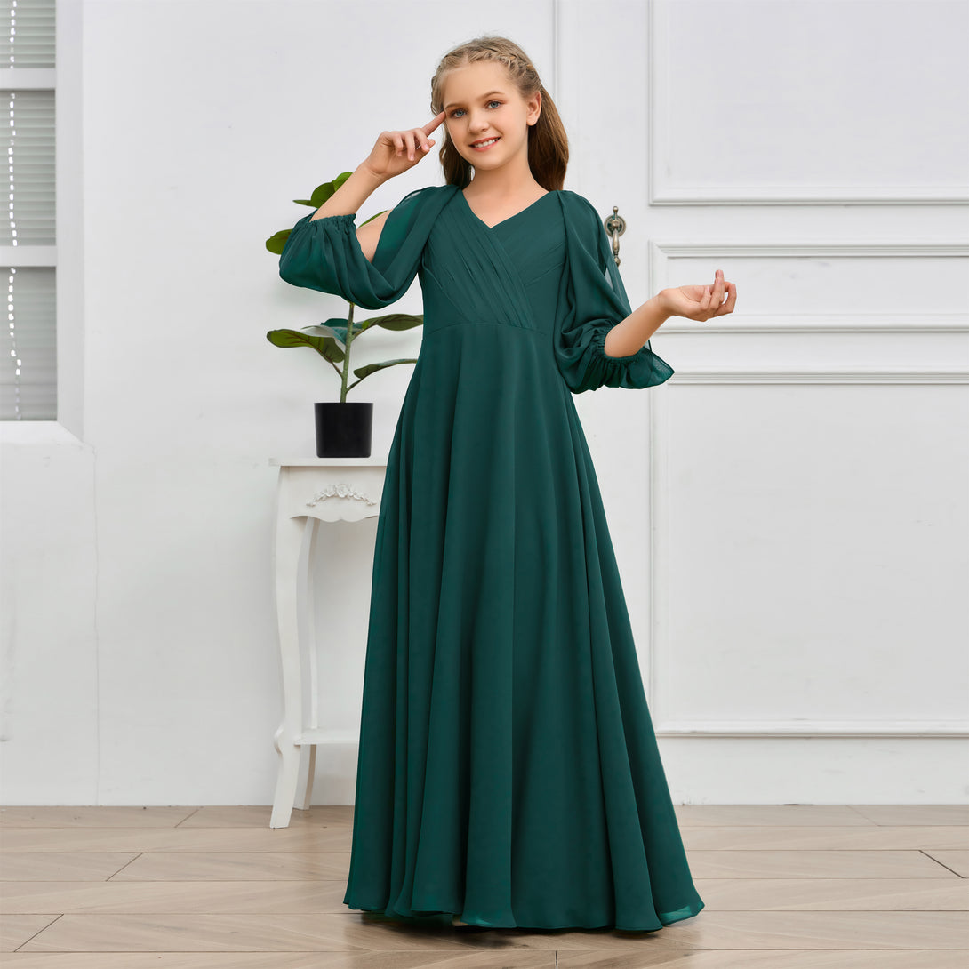 A-line V-Neck Floor-Length Chiffon Junior Bridesmaid Dresses Girls Gidiondress