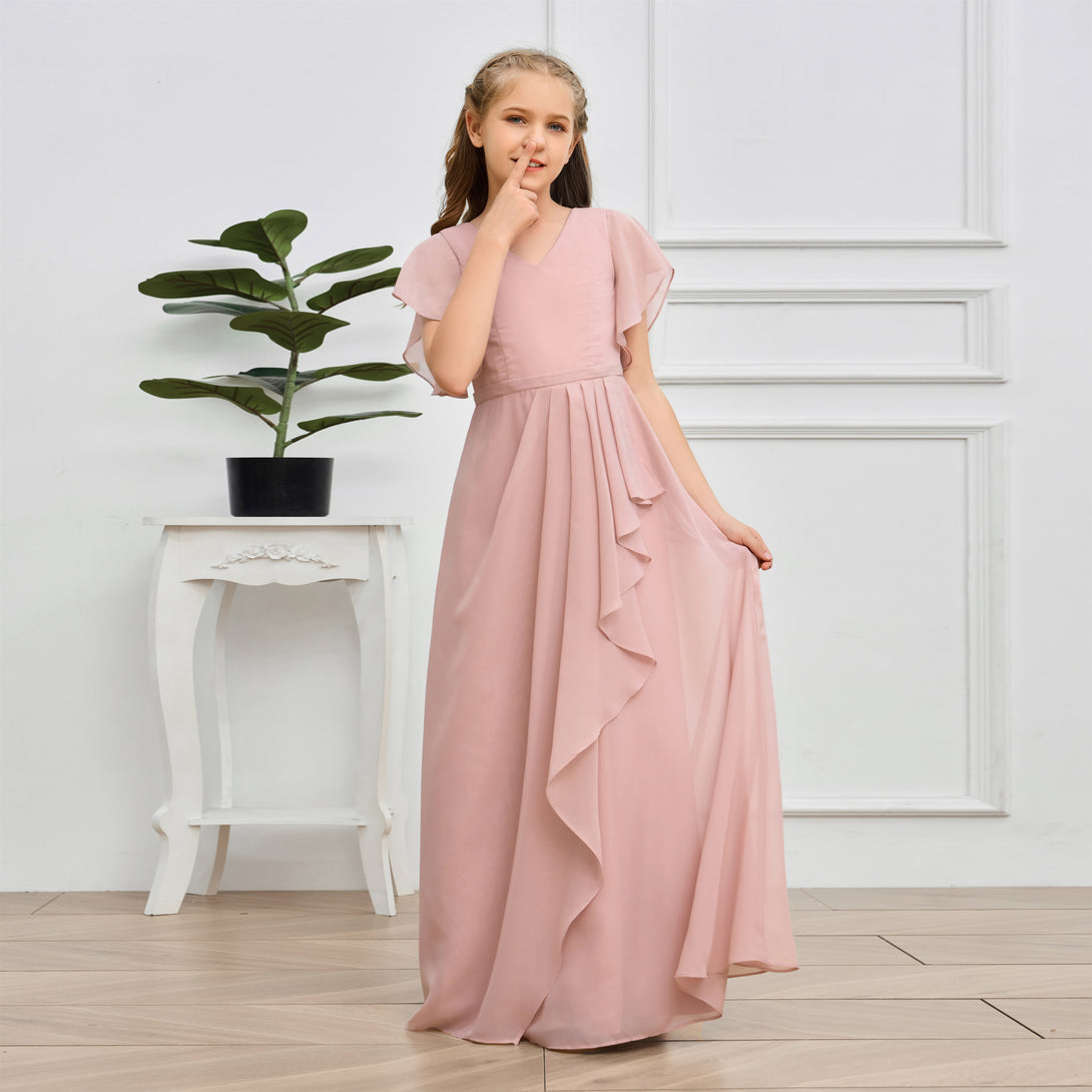 V-Neck Flutter straps Floor-Length Chiffon Junior Bridesmaid Dress/Girls Birthday Dresses Girls Gidiondress