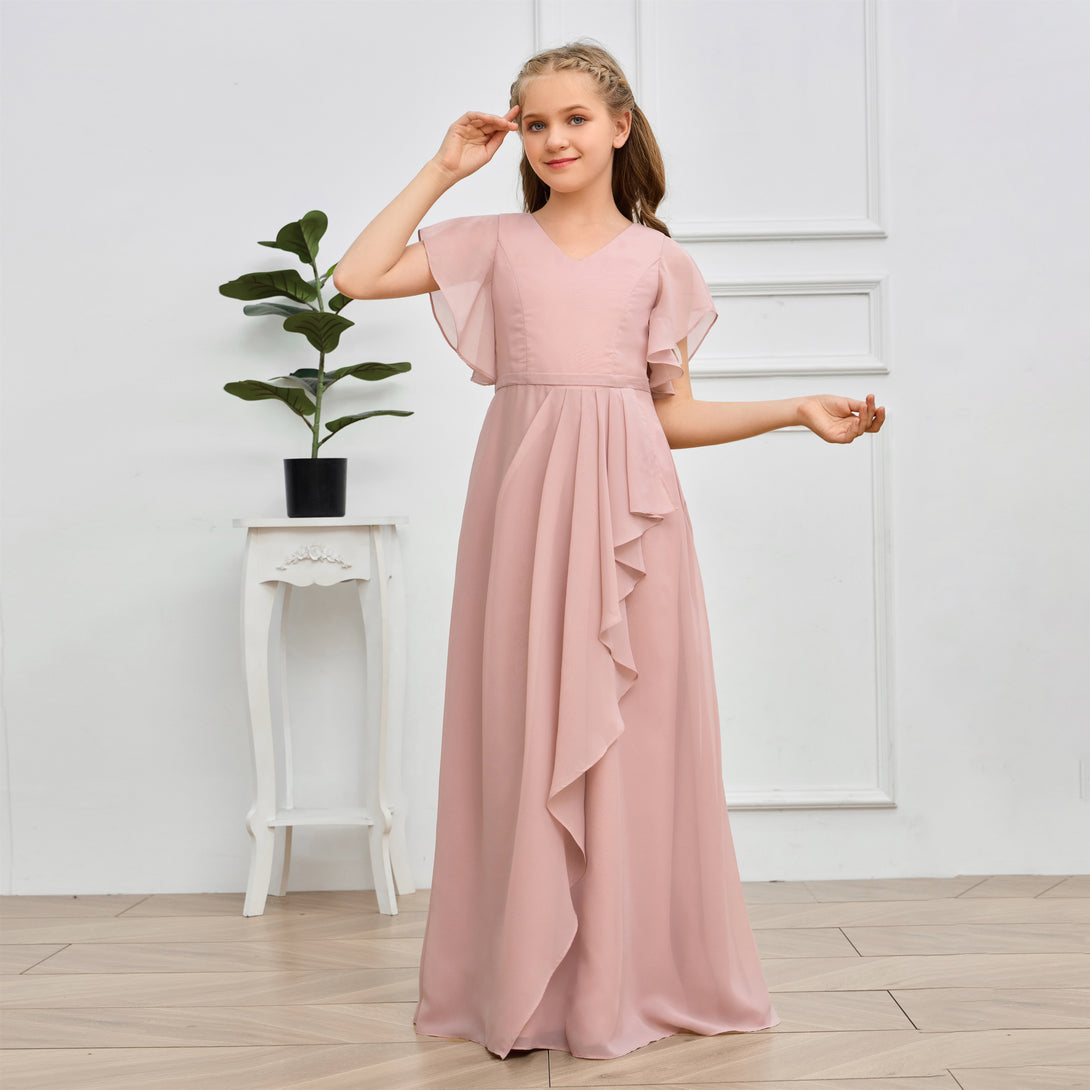 V-Neck Flutter straps Floor-Length Chiffon Junior Bridesmaid Dress/Girls Birthday Dresses Girls Gidiondress