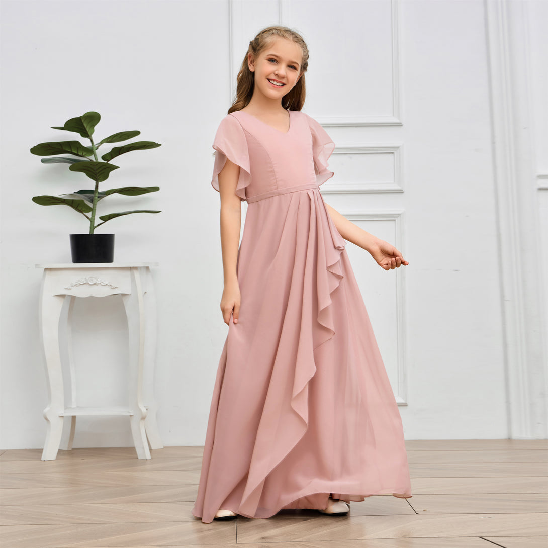 V-Neck Flutter straps Floor-Length Chiffon Junior Bridesmaid Dress/Girls Birthday Dresses Girls Gidiondress