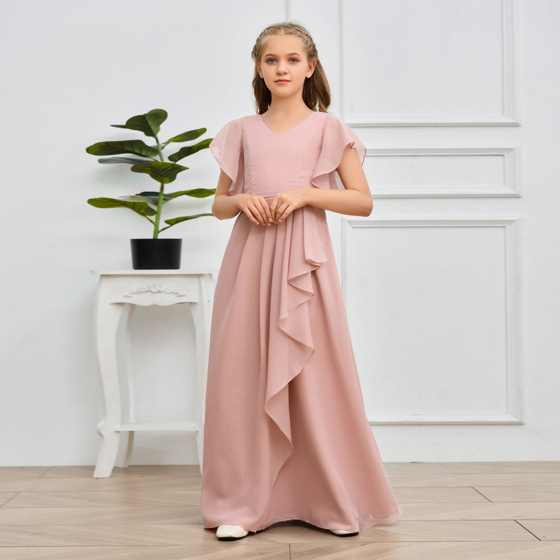 V-Neck Flutter straps Floor-Length Chiffon Junior Bridesmaid Dress/Girls Birthday Dresses Girls Gidiondress