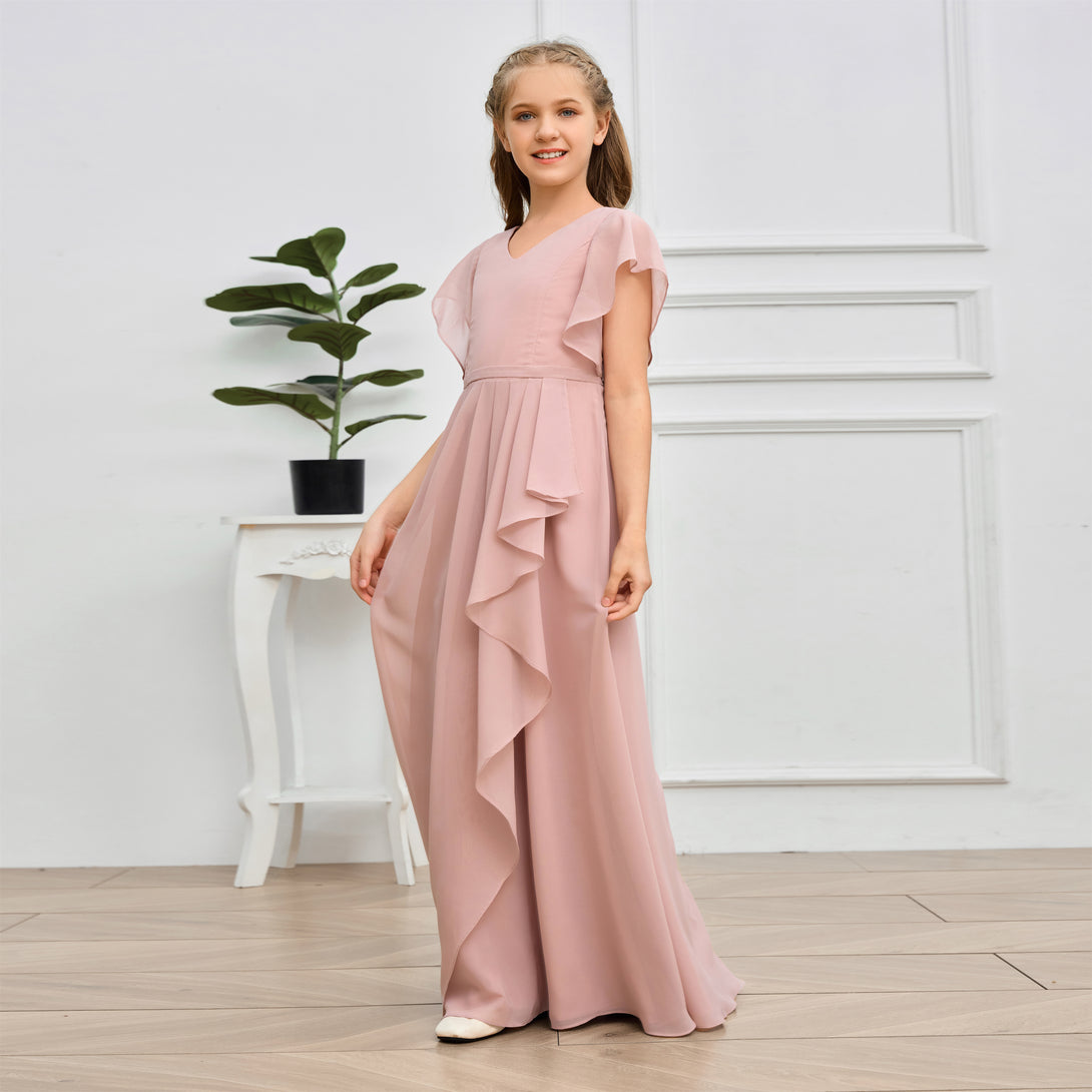 V-Neck Flutter straps Floor-Length Chiffon Junior Bridesmaid Dress/Girls Birthday Dresses Girls Gidiondress