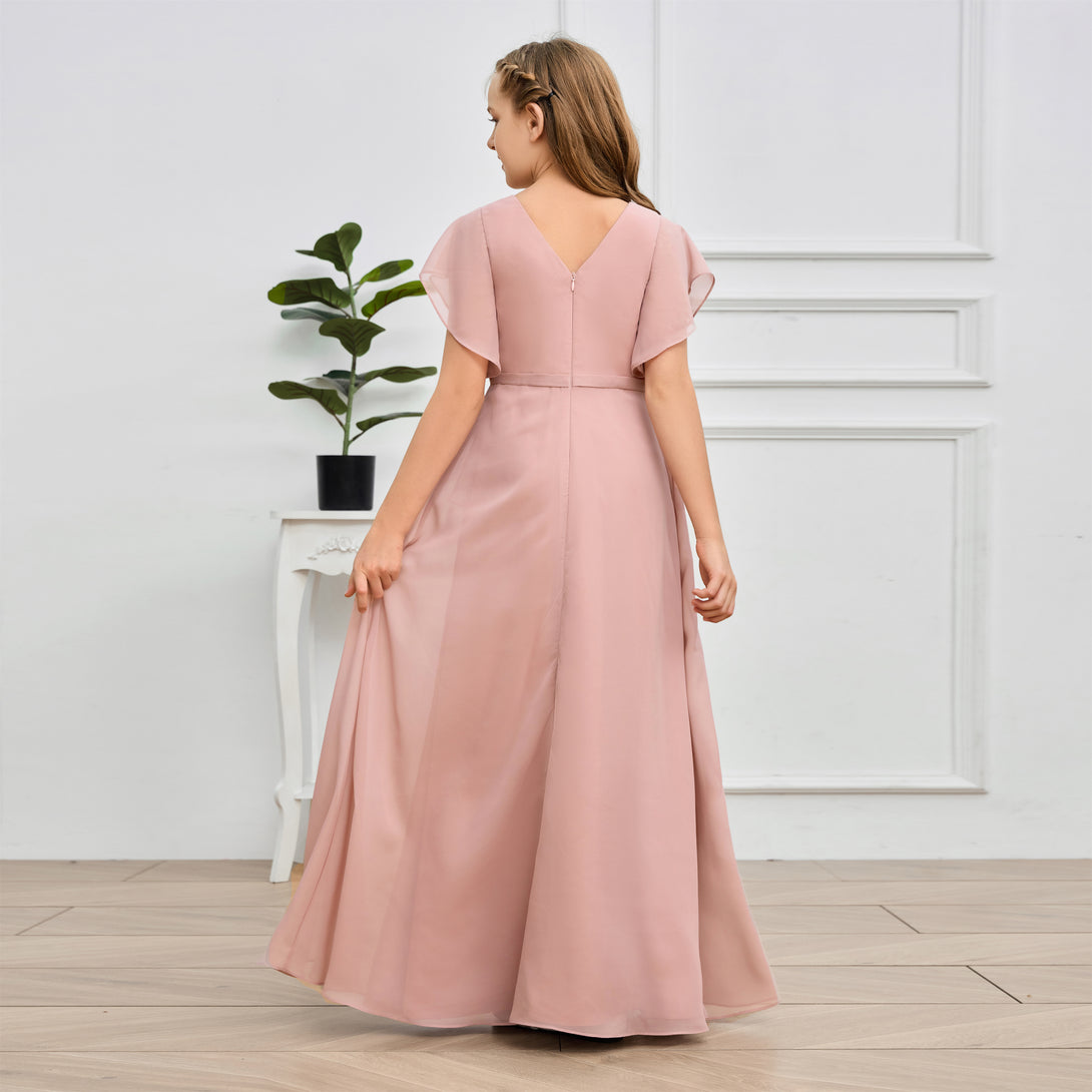 V-Neck Flutter straps Floor-Length Chiffon Junior Bridesmaid Dress/Girls Birthday Dresses Girls Gidiondress
