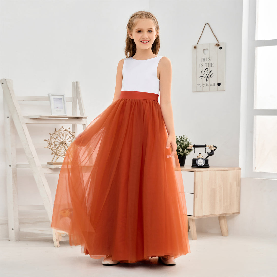 Sleeveless V Back Ivory Dark Green Tulle Floor Length Flower Girl Dress Girls Gidiondress