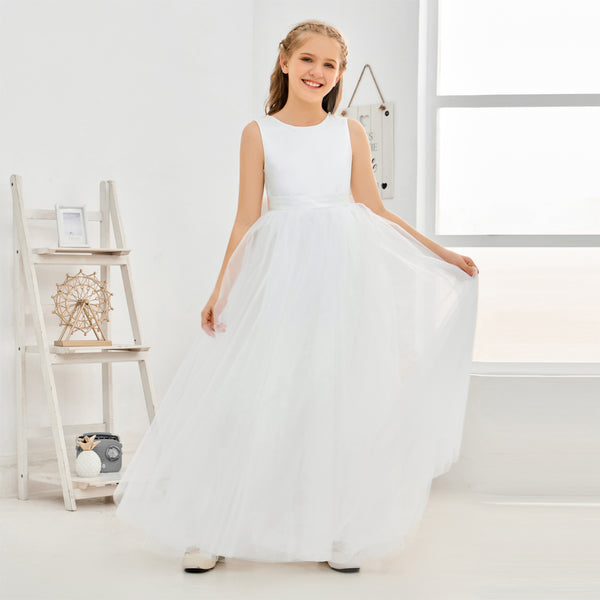 A-Line Scoop Neck Sleeveless Floor-Length Ivory Tulle/Satin Flower Girl Dresses/First Communion Dress With Beads/Belt/Bow Girls Gidiondress