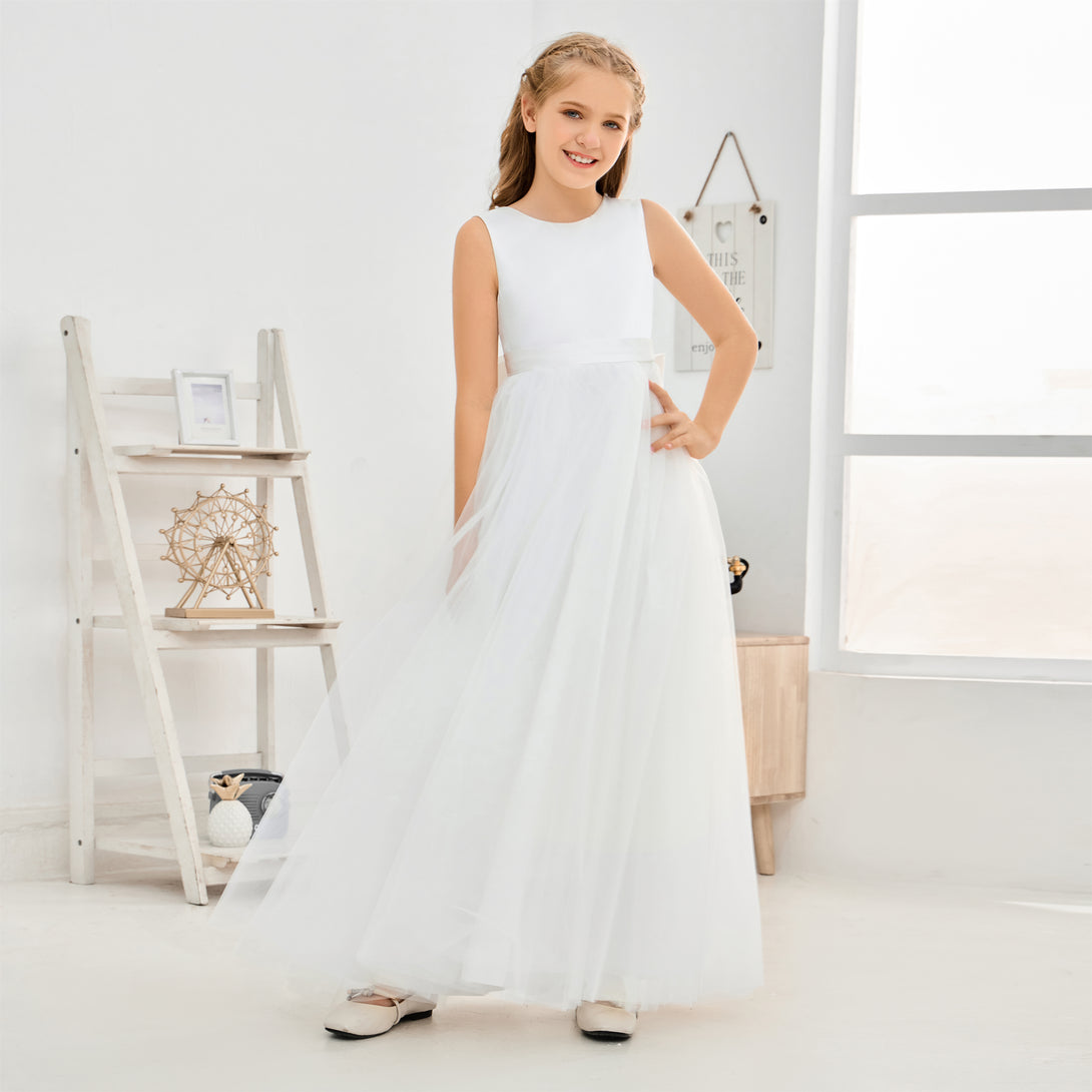 A-Line Scoop Neck Sleeveless Floor-Length Ivory Tulle/Satin Flower Girl Dresses/First Communion Dress With Beads/Belt/Bow Girls Gidiondress