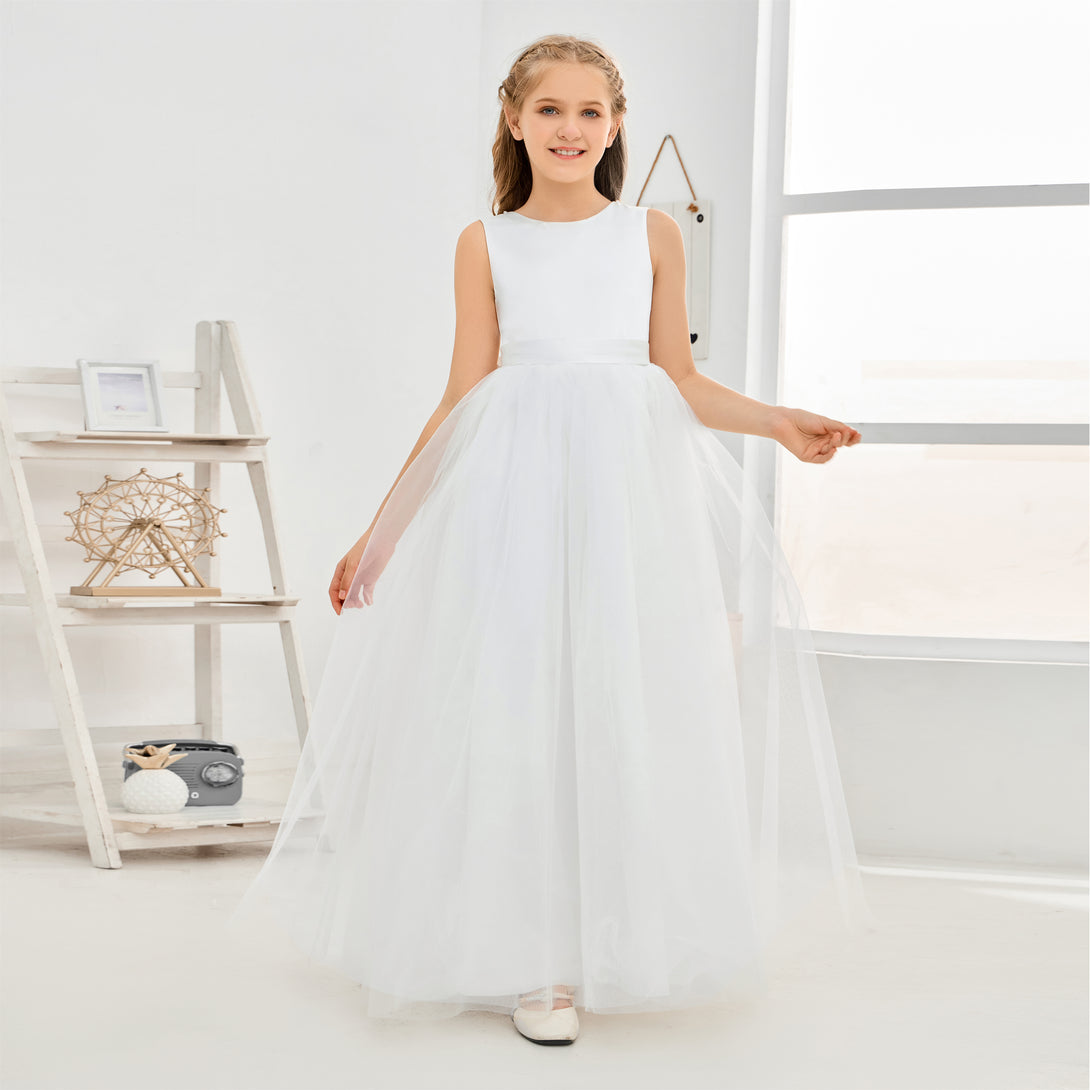 A-Line Scoop Neck Sleeveless Floor-Length Ivory Tulle/Satin Flower Girl Dresses/First Communion Dress With Beads/Belt/Bow Girls Gidiondress