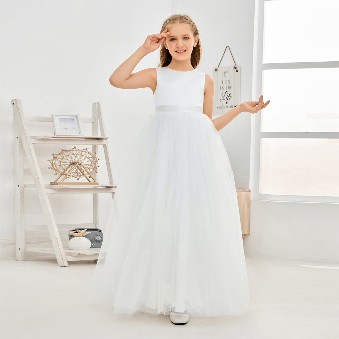 A-Line Scoop Neck Sleeveless Floor-Length Ivory Tulle/Satin Flower Girl Dresses/First Communion Dress With Beads/Belt/Bow Girls Gidiondress