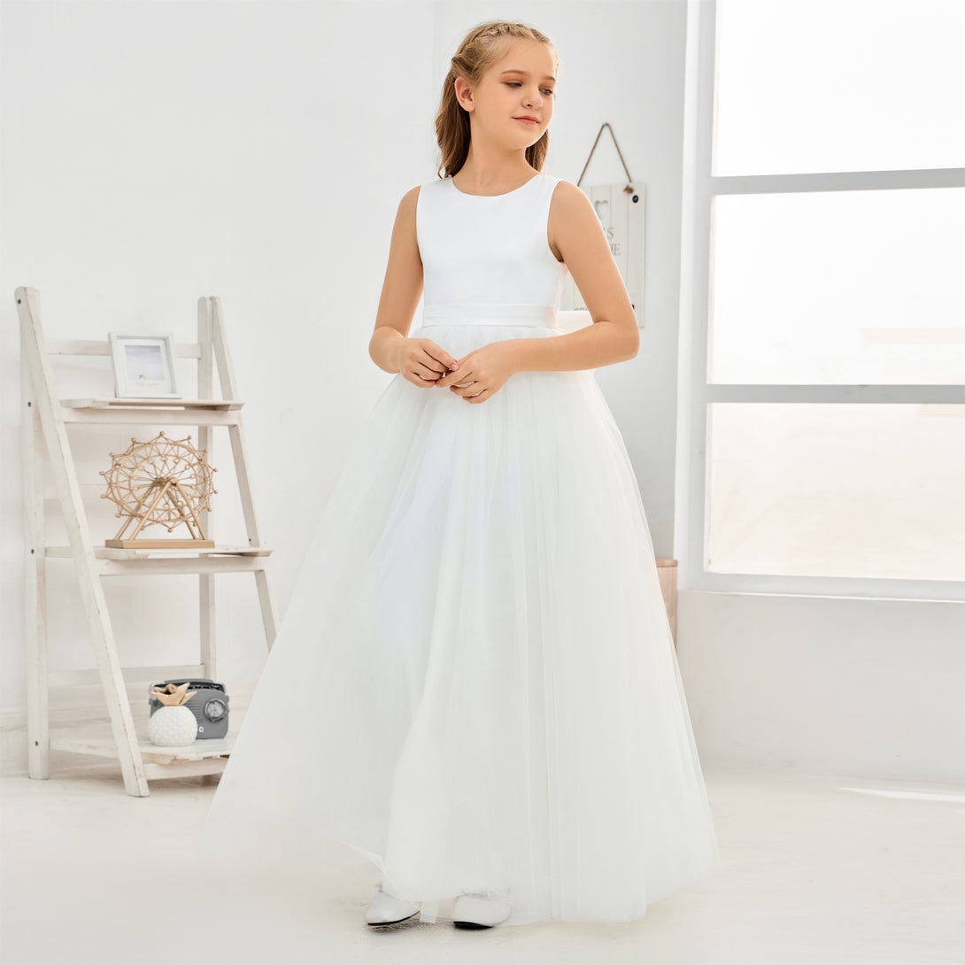A-Line Scoop Neck Sleeveless Floor-Length Ivory Tulle/Satin Flower Girl Dresses/First Communion Dress With Beads/Belt/Bow Girls Gidiondress