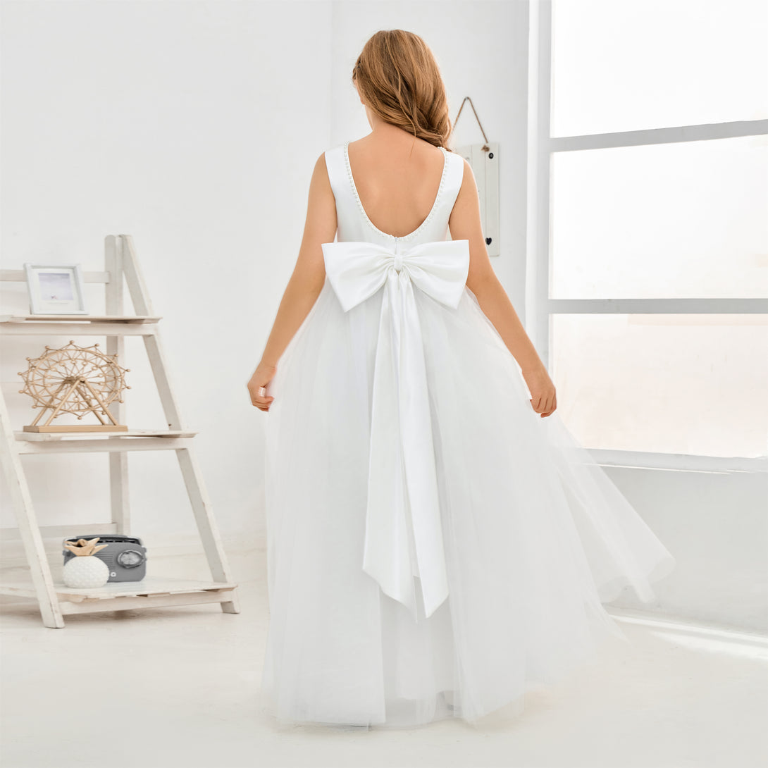 A-Line Scoop Neck Sleeveless Floor-Length Ivory Tulle/Satin Flower Girl Dresses/First Communion Dress With Beads/Belt/Bow Girls Gidiondress