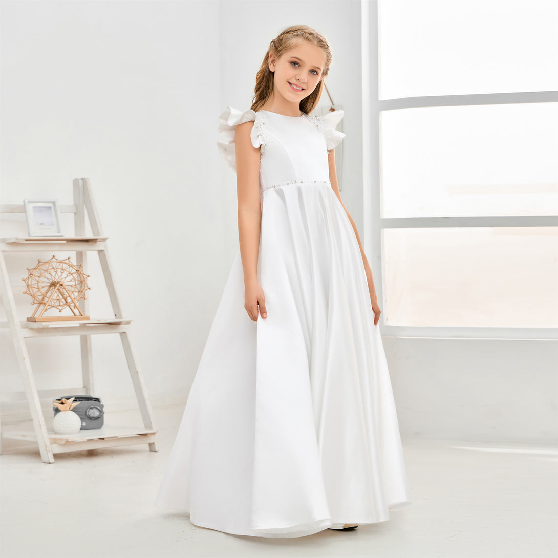 Boat Neck Flutter straps Floor-Length Lace/Satin Flower Girl Dresses/First Communion Dress With Beads/Appliques Girls Gidiondress