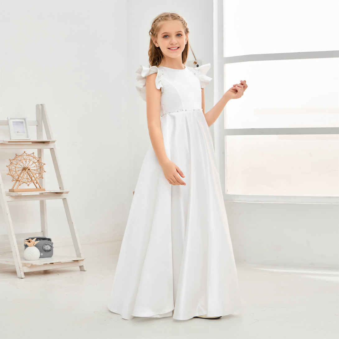 Boat Neck Flutter straps Floor-Length Lace/Satin Flower Girl Dresses/First Communion Dress With Beads/Appliques Girls Gidiondress