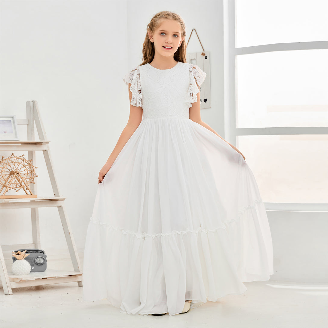 A-Line Scoop Neck Flutter straps Floor-Length Lace/Chiffon Junior Bridesmaid Dress/First Communion Dress With Lace Girls Gidiondress
