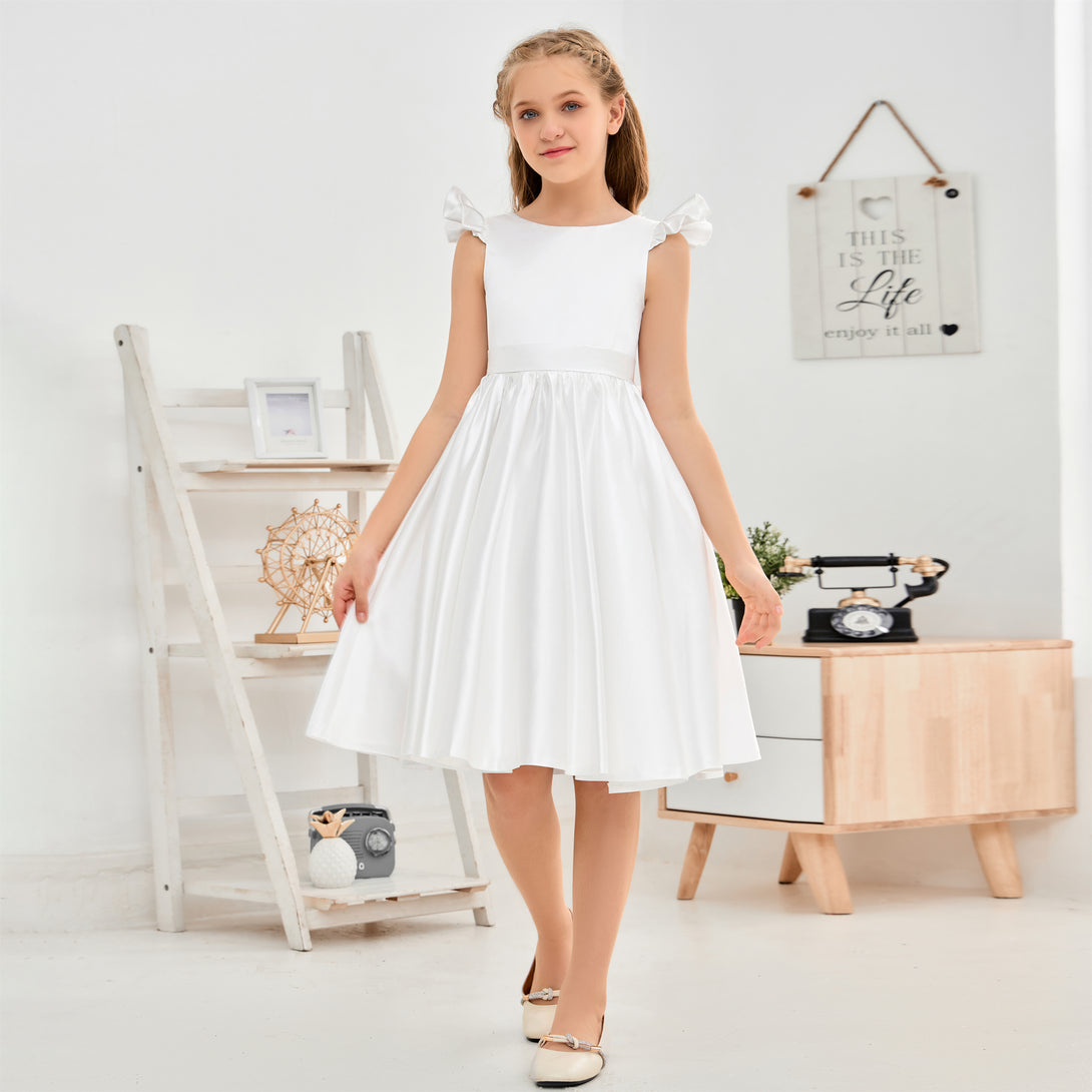Boat Neck Flutter straps Knee-Length Satin Flower Girl Dresses/First Communion Dress With Belt/Bow Girls Gidiondress