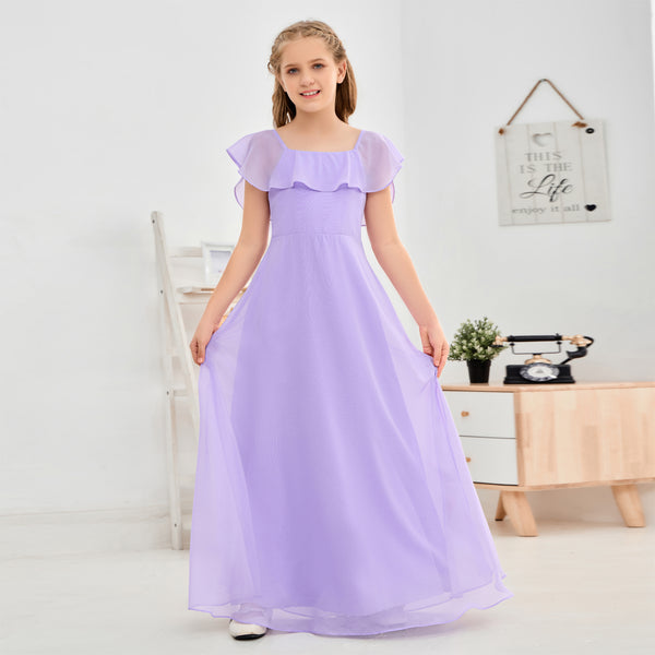 A-Line Square Flutter straps Simple Floor-Length Lilac Chiffon Junior Bridesmaid Dress/Girls Birthday Dresses Girls Gidiondress