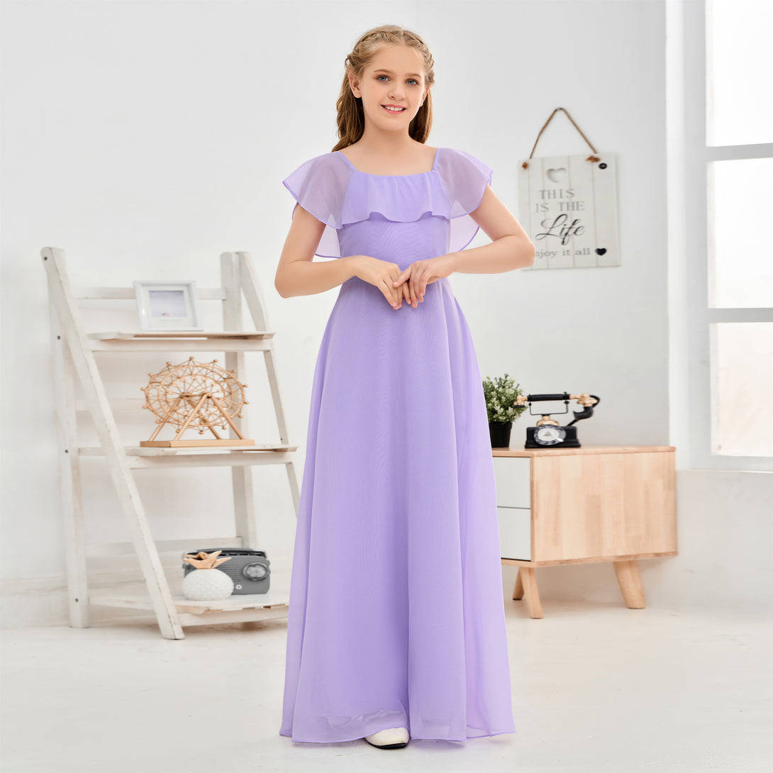 A-Line Square Flutter straps Simple Floor-Length Lilac Chiffon Junior Bridesmaid Dress/Girls Birthday Dresses Girls Gidiondress