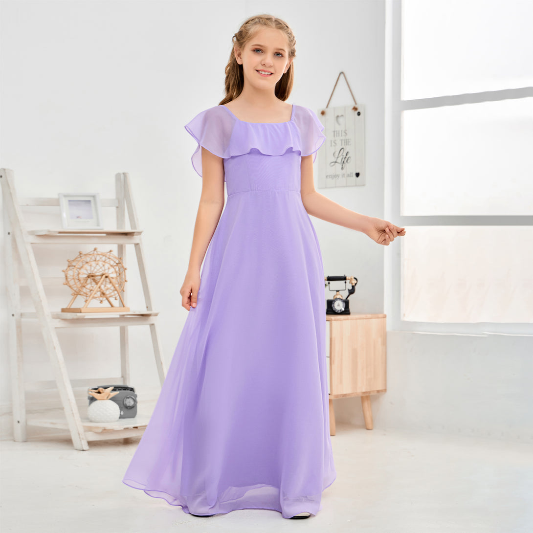 A-Line Square Flutter straps Simple Floor-Length Lilac Chiffon Junior Bridesmaid Dress/Girls Birthday Dresses Girls Gidiondress