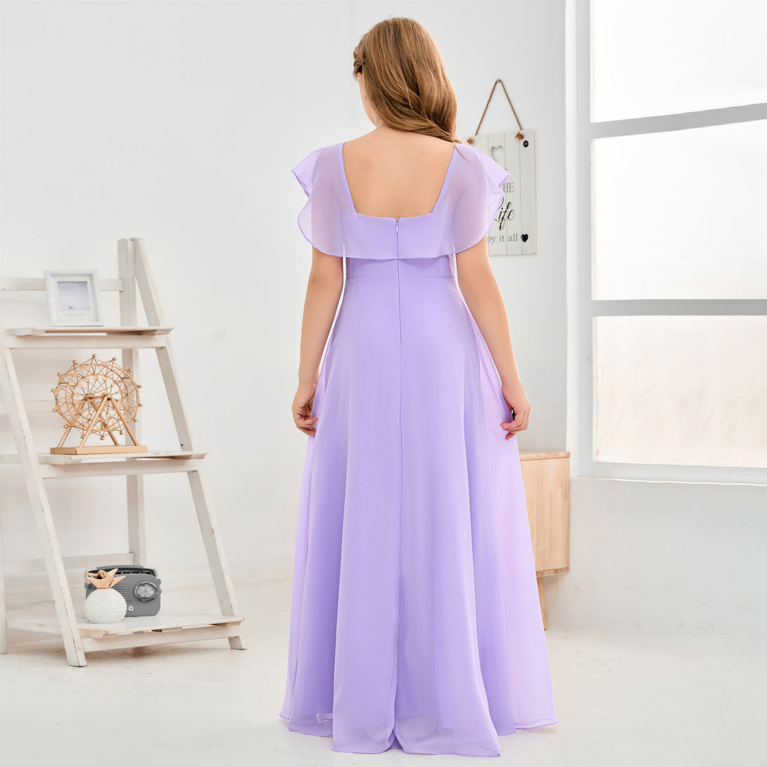 A-Line Square Flutter straps Simple Floor-Length Lilac Chiffon Junior Bridesmaid Dress/Girls Birthday Dresses Girls Gidiondress