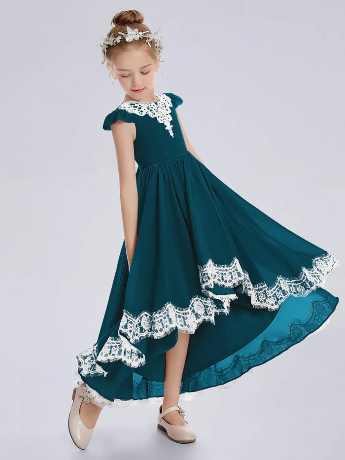 Asymmetrical Cap Sleeve Scoop Neck Cute Ankel-Length Lace/Chiffon Junior Bridesmaid Dress With Appliques Girls Gidiondress