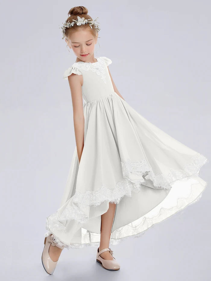 Asymmetrical Cute Cap Sleeve Scoop Neck Ankel-Length Lace/Chiffon Junior Bridesmaid Dress With Appliques Girls Gidiondress