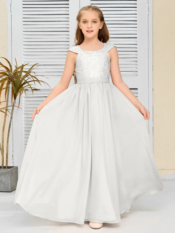 Floor-Length Pearl Pink Chiffon/Lace Junior Bridesmaid Dress/Girls dress Gidiondress