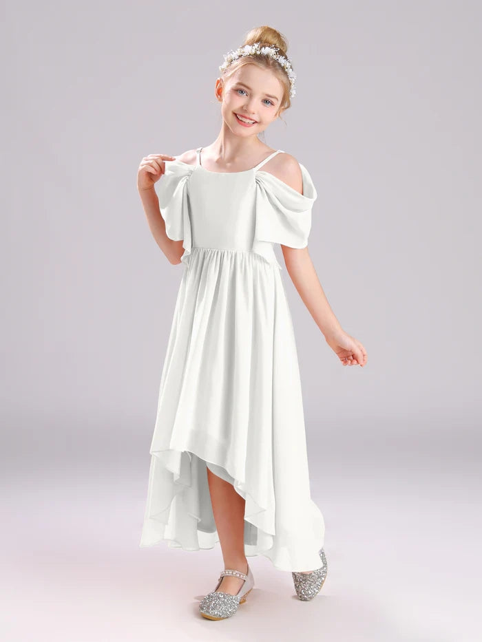 Girls Birthday Dresses Cold Shoulder Flutter Straps Chiffon Asymmetrical Junior Bridesmaid Dress/Party Dresses With Pleated Girls Gidiondress