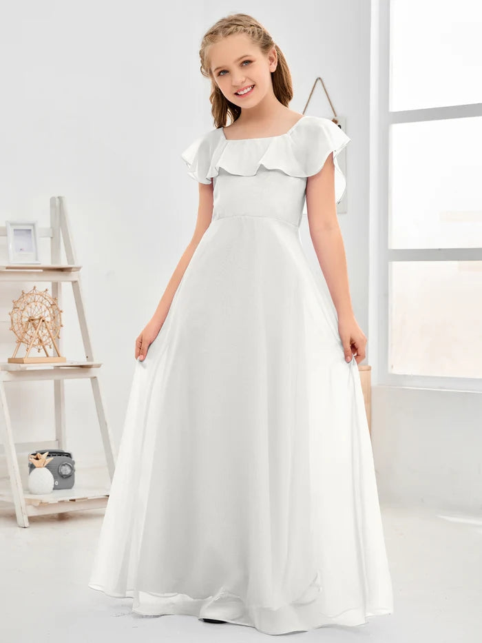 A-Line Square Flutter straps Simple Floor-Length Lilac Chiffon Junior Bridesmaid Dress/Girls Birthday Dresses Girls Gidiondress
