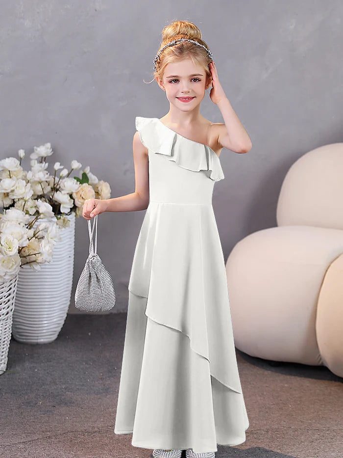 Girls Birthday Dresses One-Shoulder Sleeveless Chiffon Floor-Length Graceful Junior Bridesmaid Dress/Party Dresses With Ruffled Hem Girls Gidiondress