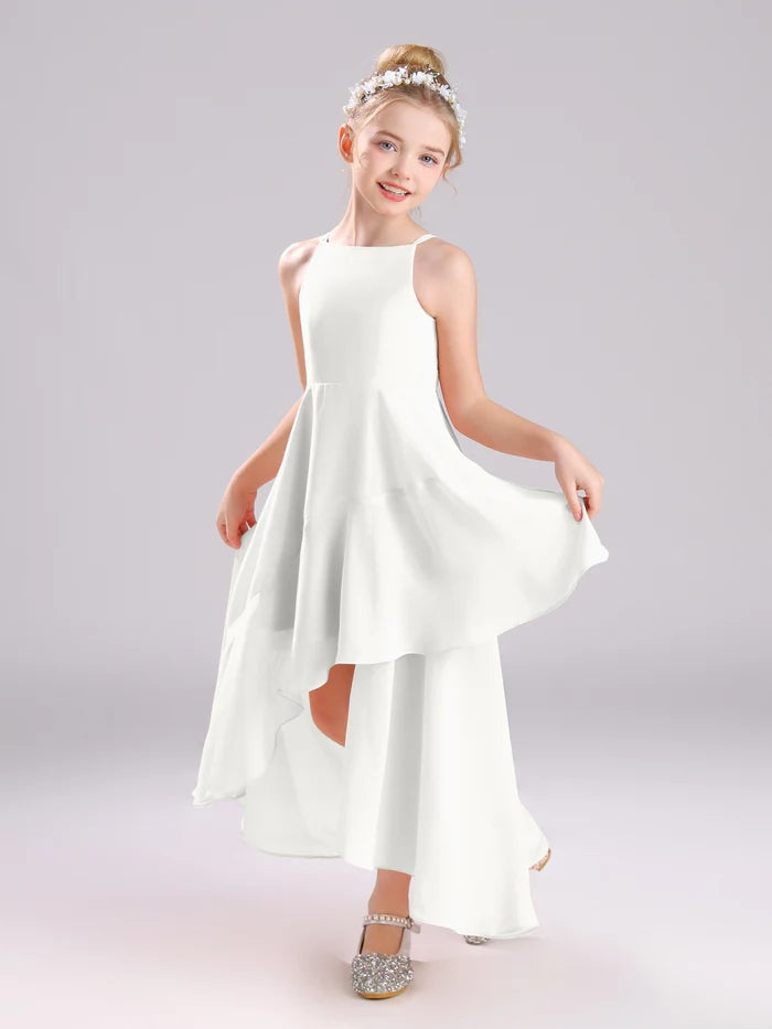 Girls Birthday Dresses Simple Boat Neck Spaghetti Straps Chiffon Asymmetrical Junior Bridesmaid Dress/Party Dresses With Ruffled Hem Girls Gidiondress Ivory 12M