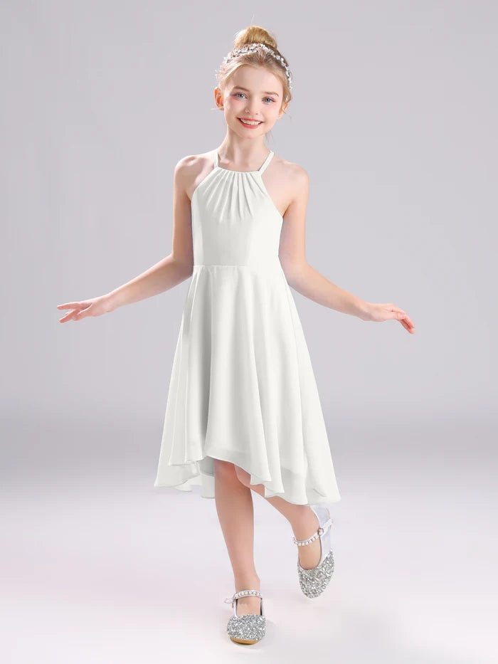 Girls Birthday Dresses Halter Spaghetti Straps Chiffon Asymmetrical Knee-Length Junior Bridesmaid Dress/Party Dresses With Pleated Girls Gidiondress