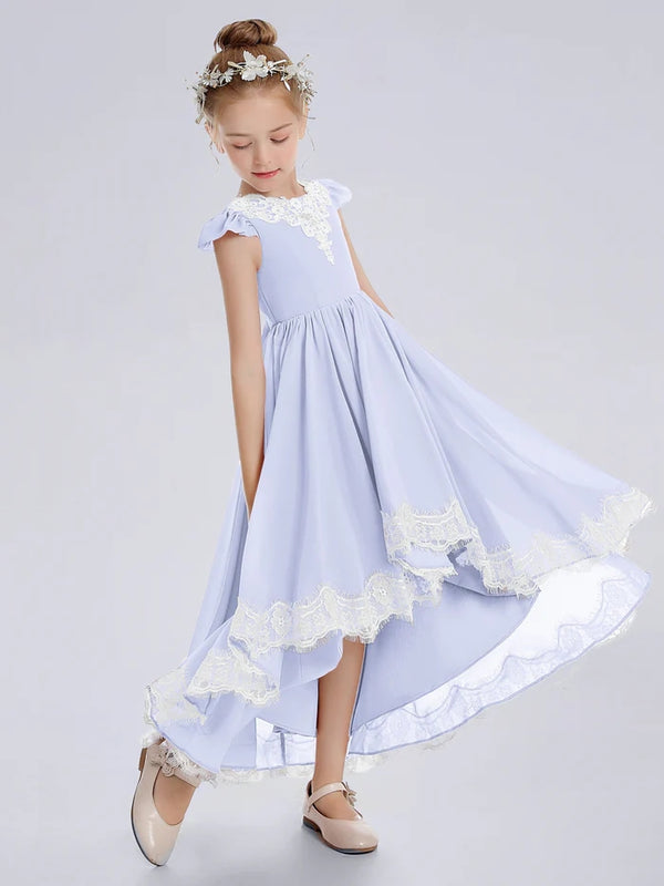 Asymmetrical Cap Sleeve Scoop Neck Cute Ankel-Length Lace/Chiffon Junior Bridesmaid Dress With Appliques Girls Gidiondress