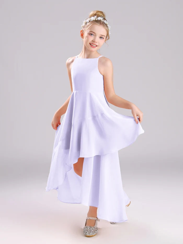 Girls Birthday Dresses Simple Boat Neck Spaghetti Straps Chiffon Asymmetrical Junior Bridesmaid Dress/Party Dresses With Ruffled Hem Girls Gidiondress