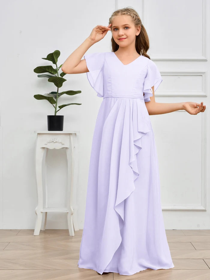 V-Neck Flutter straps Floor-Length Chiffon Junior Bridesmaid Dress/Girls Birthday Dresses Girls Gidiondress