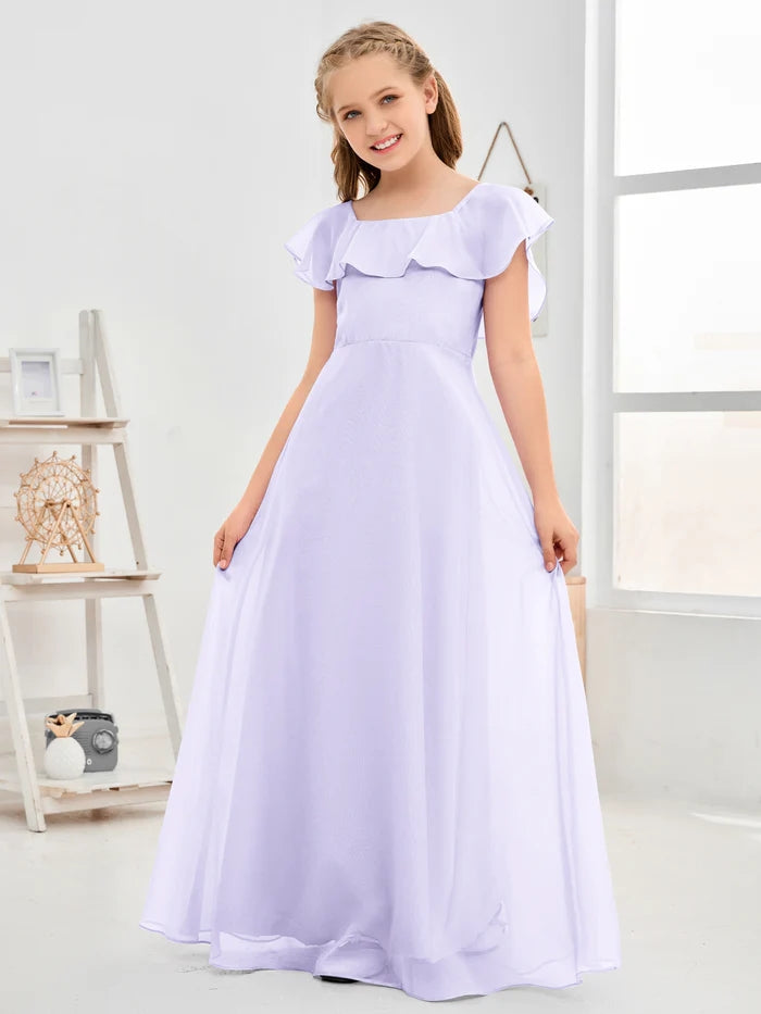 A-Line Square Flutter straps Simple Floor-Length Lilac Chiffon Junior Bridesmaid Dress/Girls Birthday Dresses Girls Gidiondress