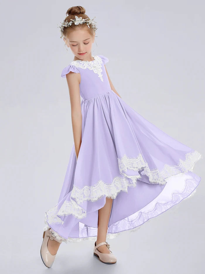 Asymmetrical Cap Sleeve Scoop Neck Cute Ankel-Length Lace/Chiffon Junior Bridesmaid Dress With Appliques Girls Gidiondress Lilac 12M