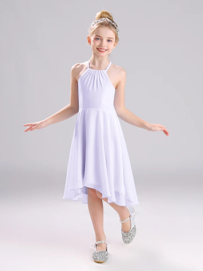 Girls Birthday Dresses Halter Spaghetti Straps Chiffon Asymmetrical Knee-Length Junior Bridesmaid Dress/Party Dresses With Pleated Girls Gidiondress