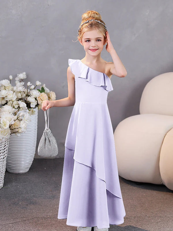 Girls Birthday Dresses One-Shoulder Sleeveless Chiffon Floor-Length Graceful Junior Bridesmaid Dress/Party Dresses With Ruffled Hem Girls Gidiondress