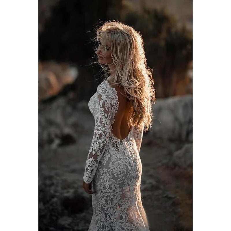 Mermaid / Trumpet V-Neck Long Sleeves Wedding Dresses Court Train with Appliques BabaMila