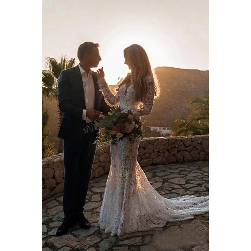 Mermaid / Trumpet V-Neck Long Sleeves Wedding Dresses Court Train with Appliques BabaMila