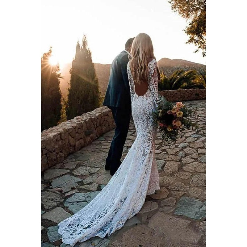 Mermaid / Trumpet V-Neck Long Sleeves Wedding Dresses Court Train with Appliques BabaMila