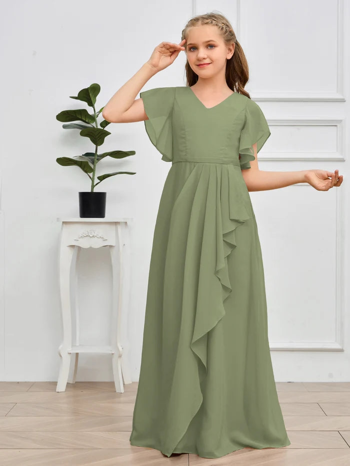 V-Neck Flutter straps Floor-Length Chiffon Junior Bridesmaid Dress/Girls Birthday Dresses Girls Gidiondress