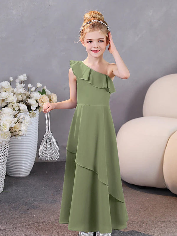Girls Birthday Dresses Graceful One-Shoulder Sleeveless Chiffon Floor-Length Junior Bridesmaid Dress/Party Dresses With Ruffled Hem Girls Gidiondress Olive Green 12M