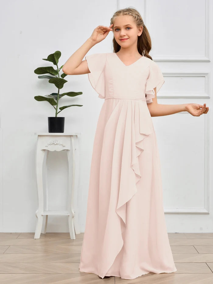 V-Neck Flutter straps Floor-Length Chiffon Junior Bridesmaid Dress/Girls Birthday Dresses Girls Gidiondress
