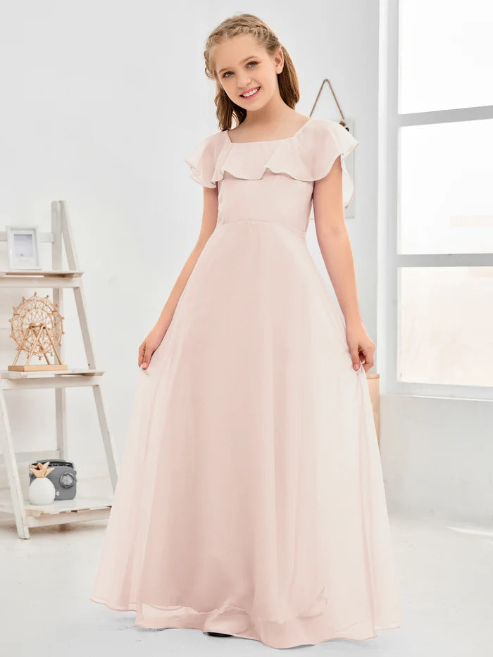 A-Line Square Flutter straps Simple Floor-Length Lilac Chiffon Junior Bridesmaid Dress/Girls Birthday Dresses Girls Gidiondress