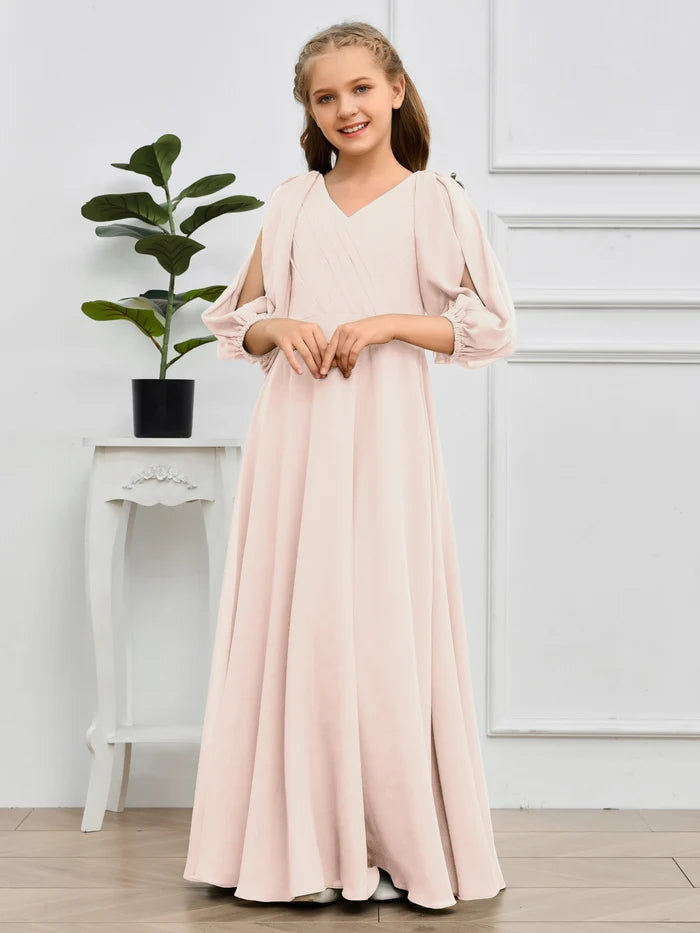 A-line V-Neck Floor-Length Chiffon Junior Bridesmaid Dresses Girls Gidiondress