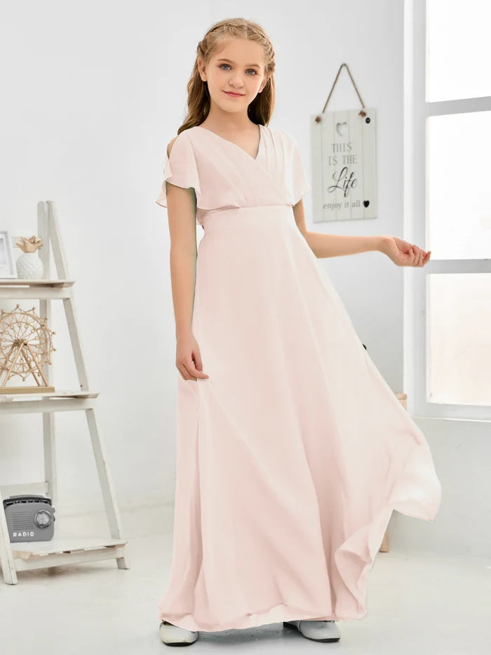 A-line V-Neck Floor-Length Chiffon Junior Bridesmaid Dress Gidiondress
